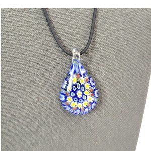 Black Cord Necklace Millefiori Pendant Floral Daisy Cobalt Blue 19" W Extender